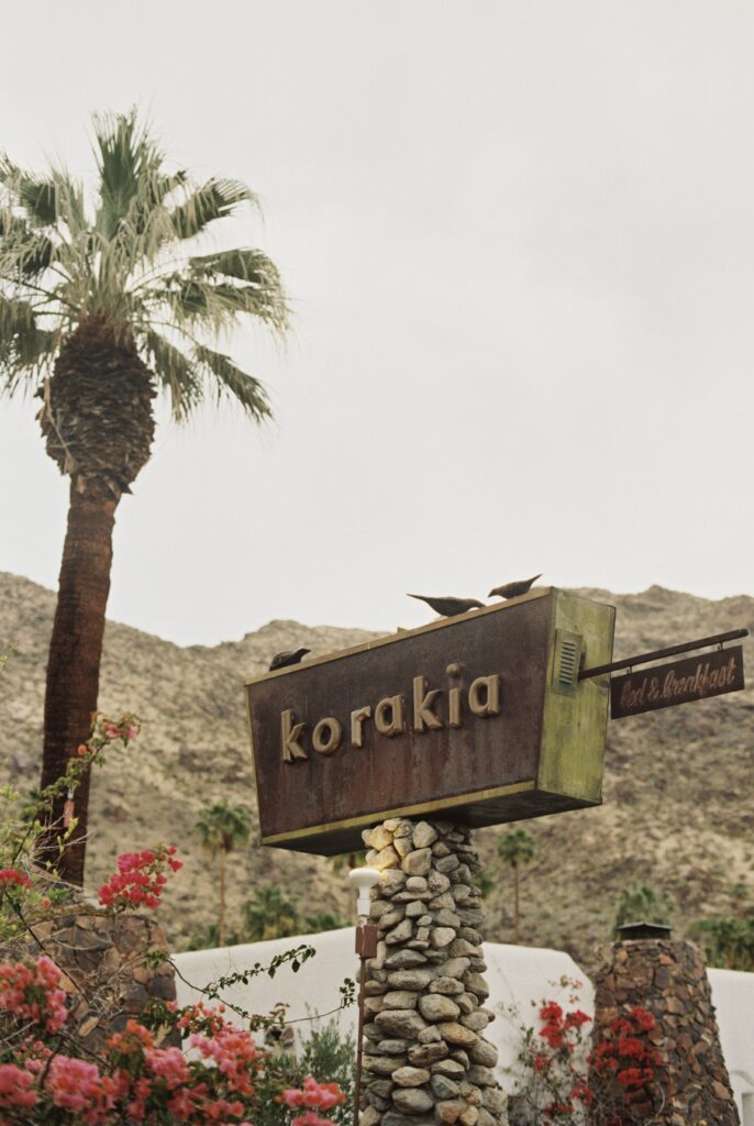 korakia pensione entrance at the base of the san jacinto mountains